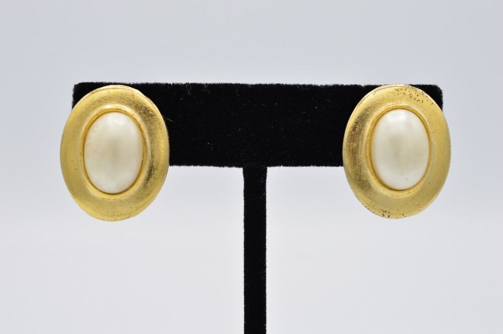 Vintage Statement Earrings Brushed Gold Pearl Oval Huggie Dangle 1980s BinAA